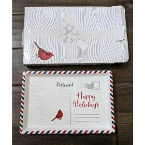 Temptations Seasonal Postcard Platter Red Cardinal Bird Happy Holidays New